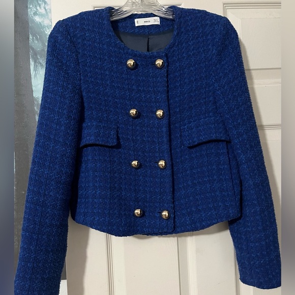 Mango MNG Tweed Double Breasted Crop Jacket in Blue - Picture 2 of 10